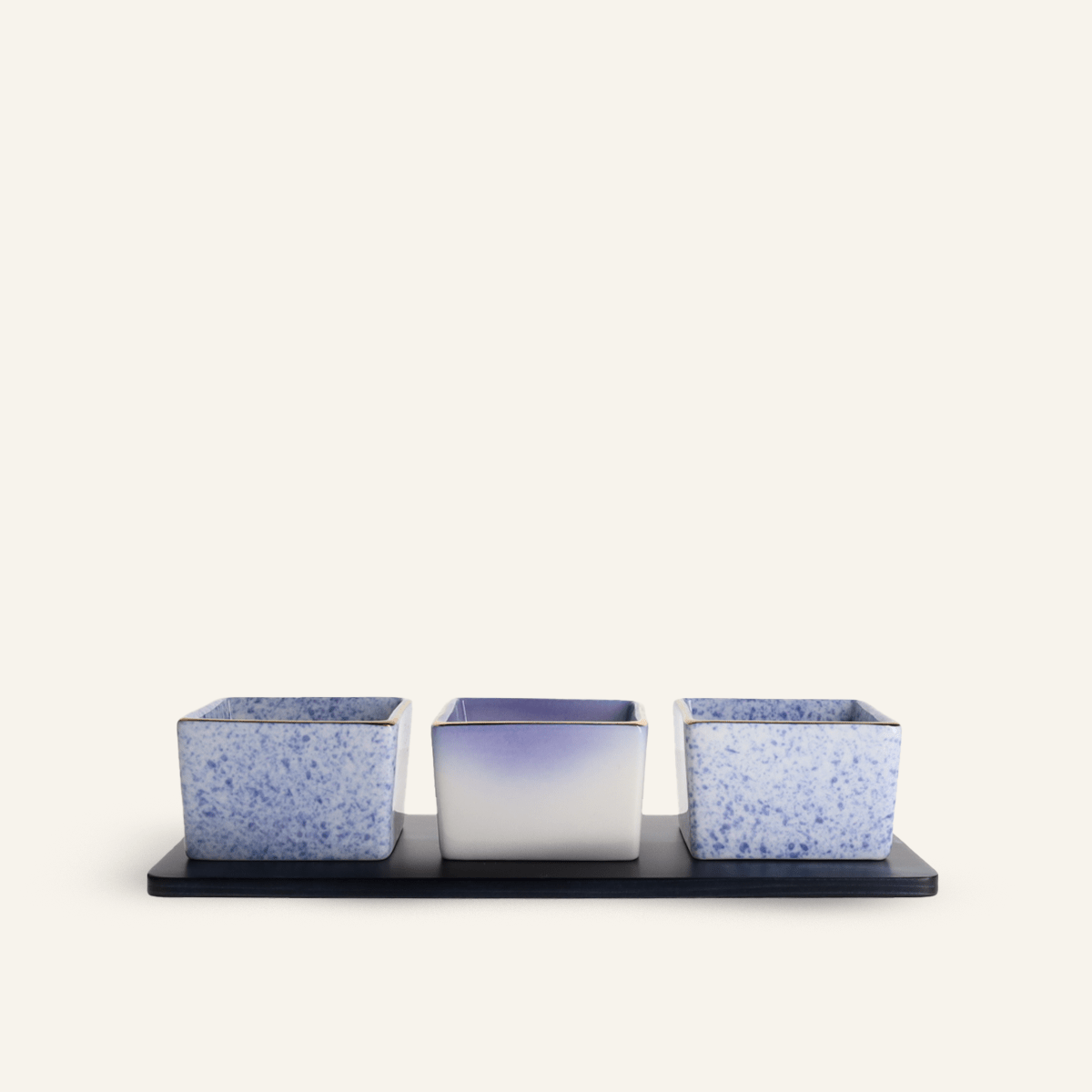 3 cobalt ceramic mugs and indigo-dyed cedar tray