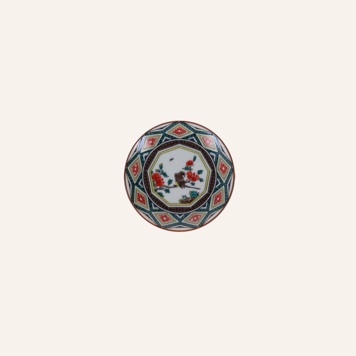 Small Kutaniyaki porcelain plate "Iroekyukakukachoumon"