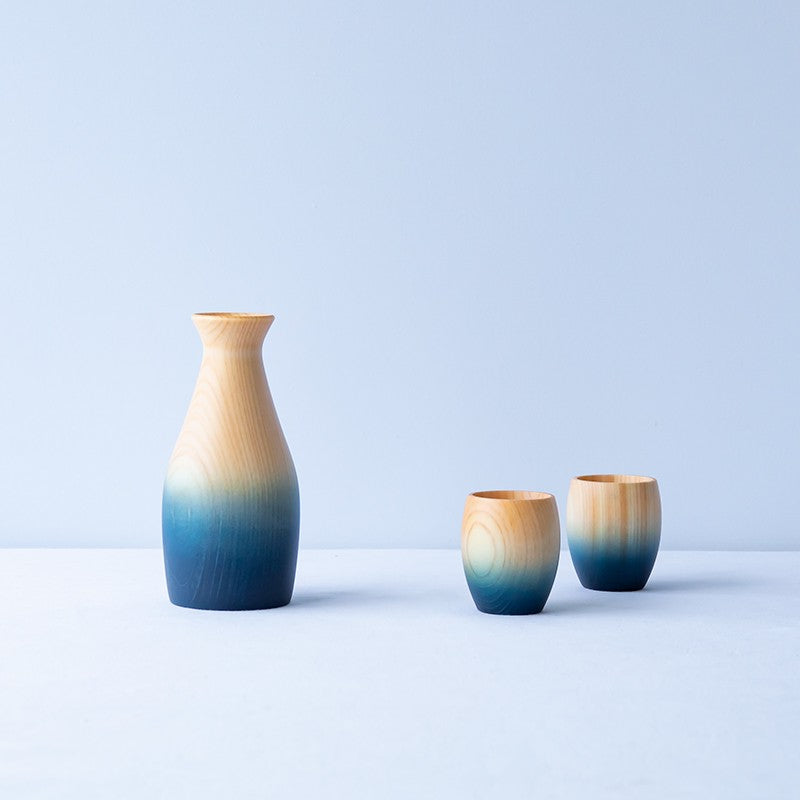 Service à saké indigo en bois de cyprès japonais hinoki
