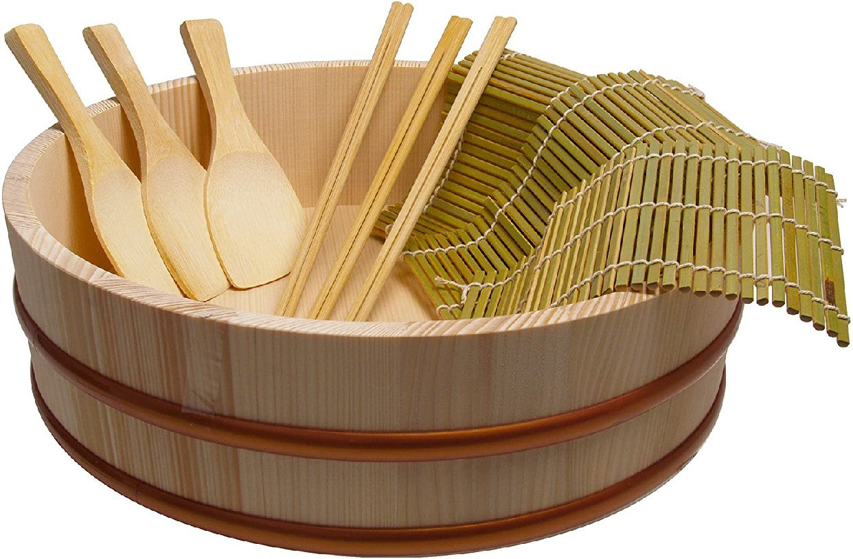 Set Temakizushi avec récipient a riz, 3 lattes a sushi et 3 spatules a riz, 3 baguettes