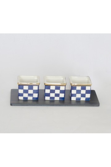 3 ichimatsu ceramic cups and indigo dyed cedar wood plate