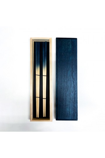 Indigo dyed cedar wood 2 chopsticks and paulownia box
