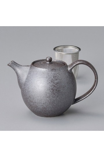 Fine earthenware teapot with metallic filter Minoyaki "kuro tamago"