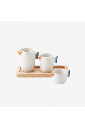 3 petites tasses céramique Hasamiyaki et plateau en bois "Tori"