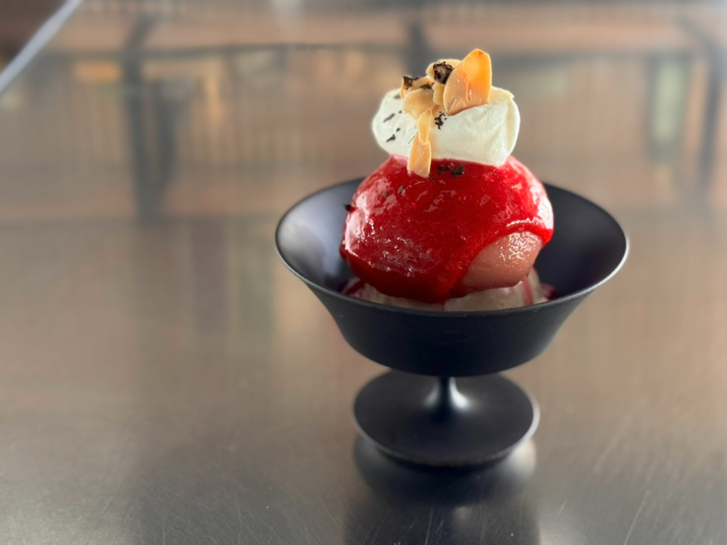 Pêche Melba au Hojicha