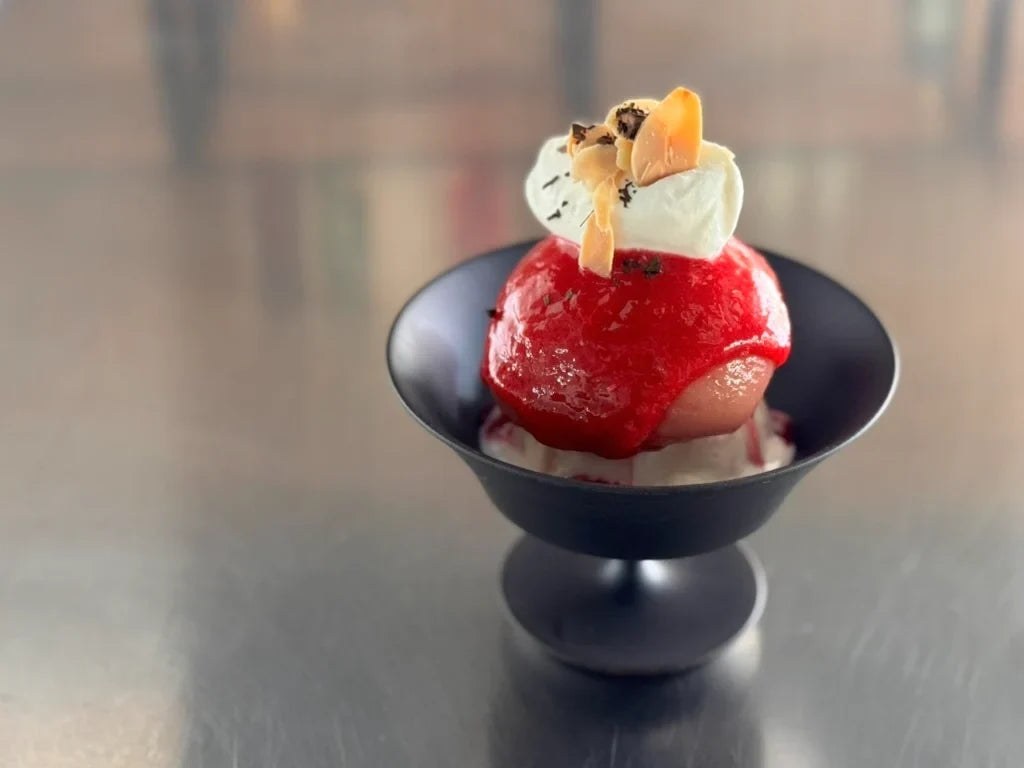 Pêche Melba au Hojicha