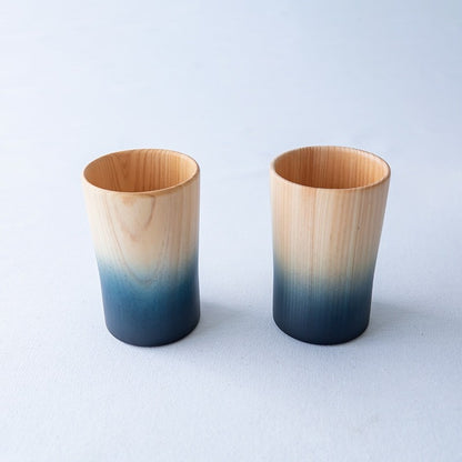 2 tasses indigo en bois de cyprès japonais hinoki