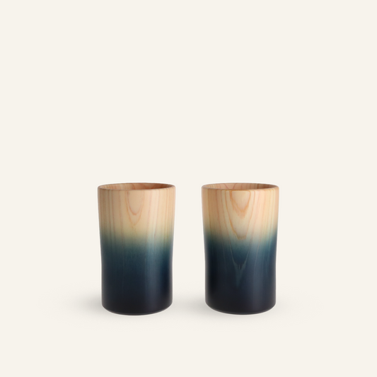 2 indigo cups made from Japanese hinoki cypress wood