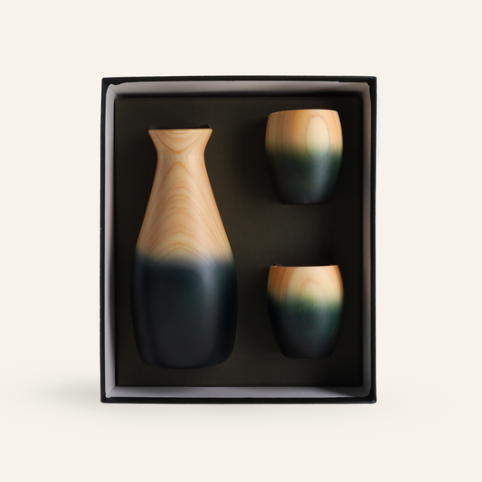 Indigo sake set made from Japanese hinoki cypress wood