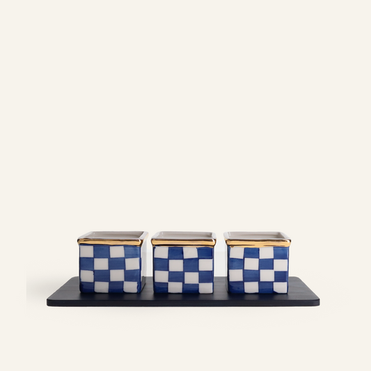 3 ceramic ichimatsu cups and indigo-dyed cedar tray