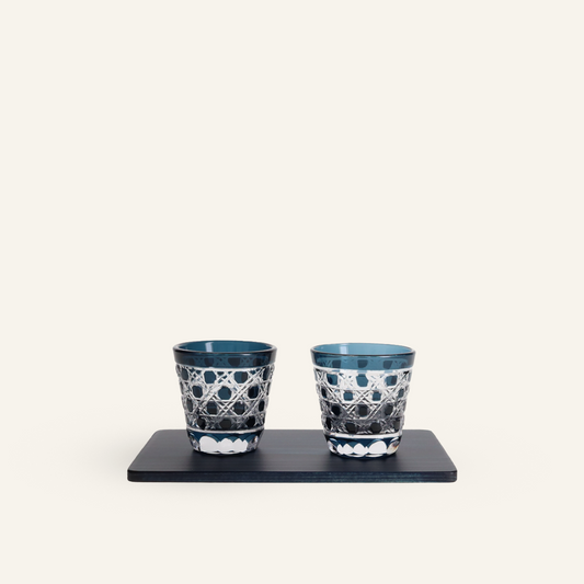 2 indigo glasses and indigo-dyed cedar tray