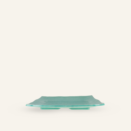 Large rectangular cyan plate, fine earthenware, Bankoyaki "toruco"