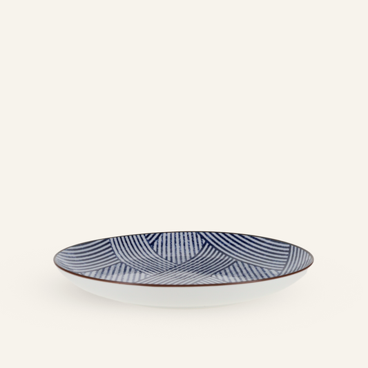 Assiette rayée bleue faïence fine Minoyaki "shimakoushi"