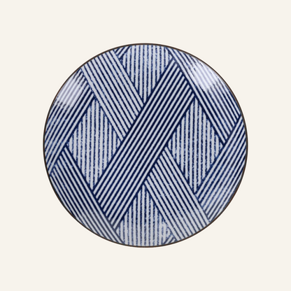 Assiette rayée bleue faïence fine Minoyaki "shimakoushi"