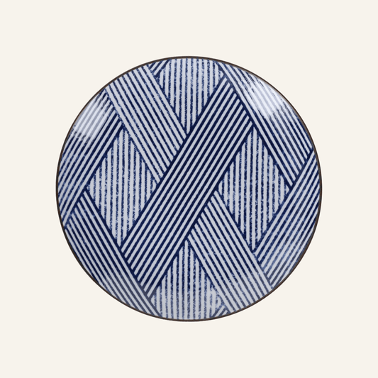 Minoyaki "shimakoushi" fine earthenware blue striped plate
