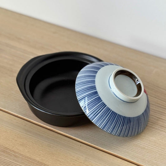 Cocotte bleue en grès avec couvercle à double utilisation Φ18.5cm "Donabe"