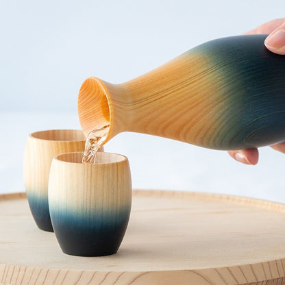Service à saké indigo en bois de cyprès japonais hinoki