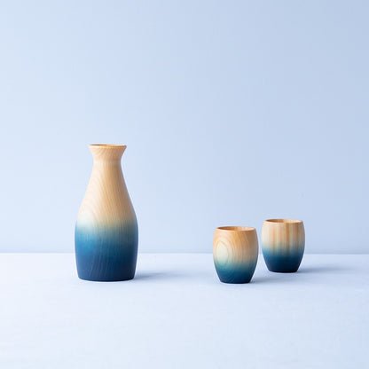 Service à saké indigo en bois de cyprès japonais hinoki