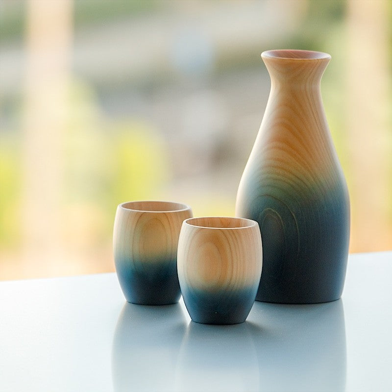 Service à saké indigo en bois de cyprès japonais hinoki