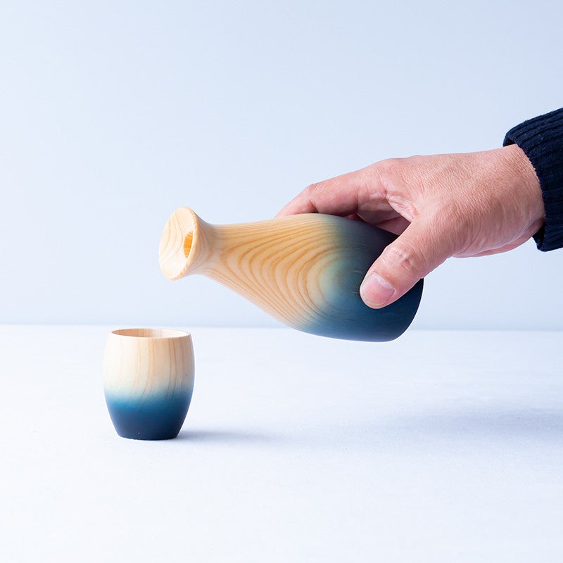 Service à saké indigo en bois de cyprès japonais hinoki