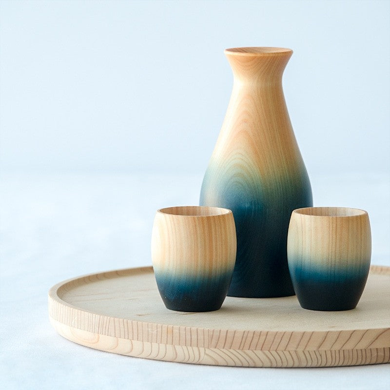Service à saké indigo en bois de cyprès japonais hinoki